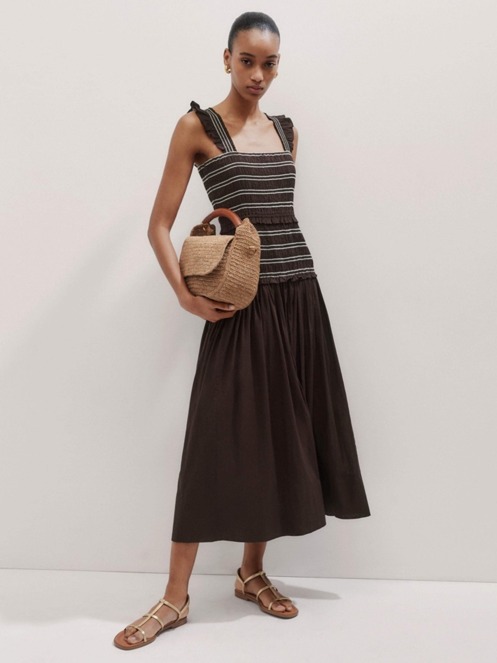 Me + Em brown cotton poplin contrast stitch midi dress